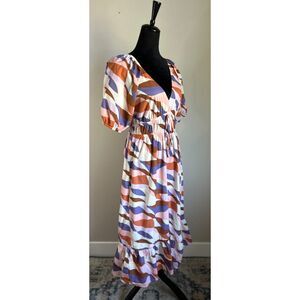 DU PARADIS Women's Pink Brown Abstract Print Puff Sleeve Maxi Dress Size M